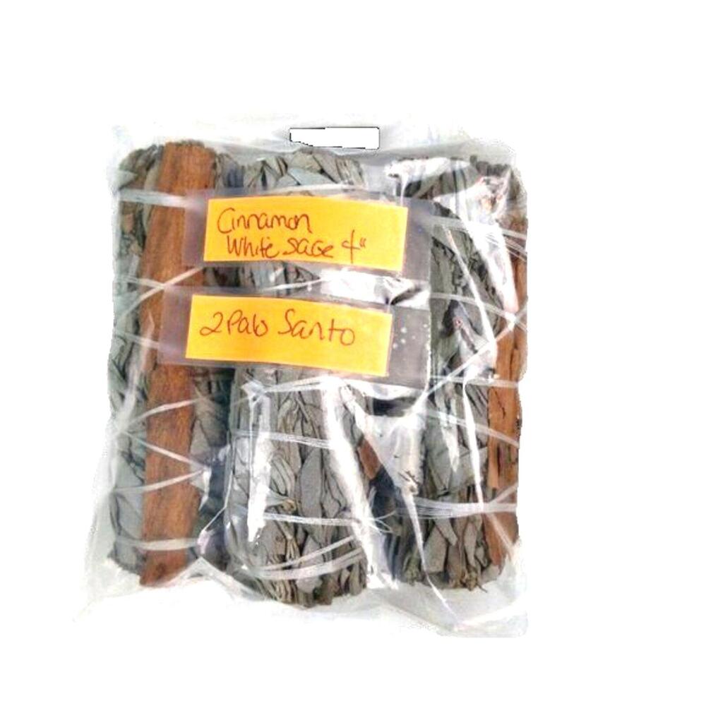 Cinnamon White Sage pack of (3) 4 inch Bundle w 2 Palo Santo sticks New